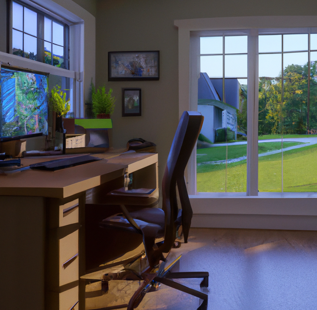 Home with all the features that a remote worker needs to be productive, including a workspace that is free from distractions. Large window t